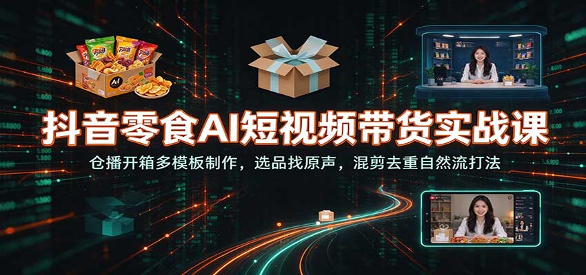 抖音零食AI短视频带货实战课：仓播开箱多模板制作，选品找原声，混剪去重自然流打法-小二项目网