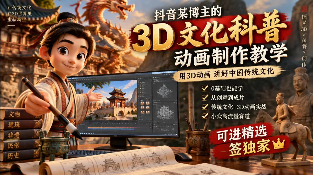抖音某博主的3D文化科普动画制作教学，用3D动画呈现中国传统文化，可进精选签独家，单日收益1k+-小二项目网