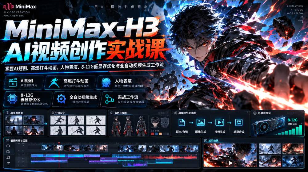 MiniMax-H3 AI视频创作实战课，掌握AI短剧、高燃打斗动画、人物表演、8-12G低显存优化与全自动视频生成工作流-小二项目网