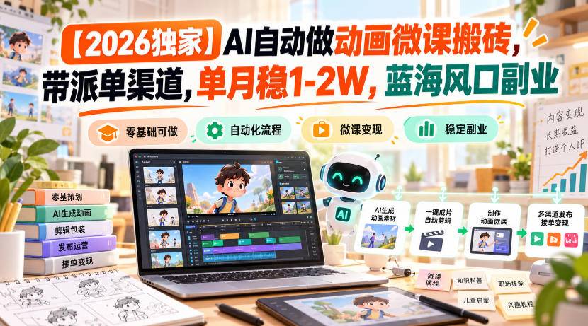 【2026独家】AI自动做动画微课搬砖，带派单渠道，单月稳1-2W，蓝海风口副业【揭秘】-小二项目网