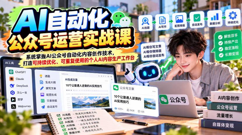 AI自动化公众号运营实战课，系统掌握AI公众号自动化内容创作技术，打造可持续优化、可重复使用的个人AI内容生产工作台-小二项目网