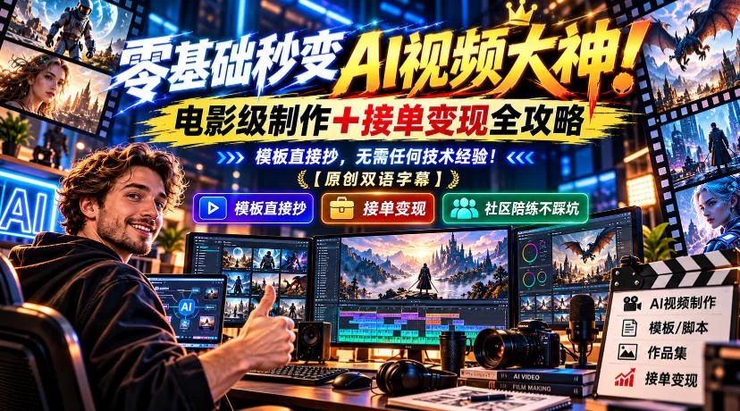 零基础秒变AI视频大神！电影级制作+接单变现全攻略，模板直接抄，无需任何技术经验！【原创双语字幕】-小二项目网