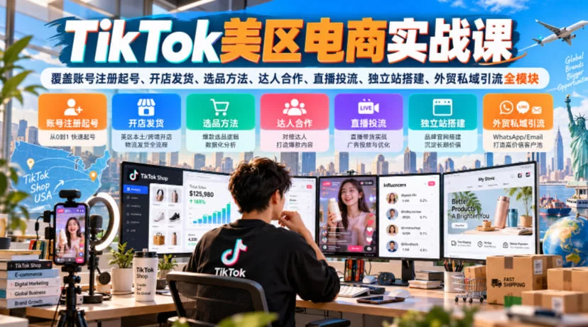 TikTok美区电商实战课，覆盖账号注册起号、开店发货、选品方法、达人合作、直播投流、独立站搭建、外贸私域引流全模块-小二项目网