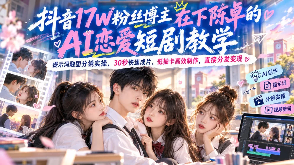 抖音17W粉丝博主在下陈卓的AI恋爱短剧教学，提示词融图分镜实操，30秒快速成片，低抽卡高效制作，直接分发变现-小二项目网