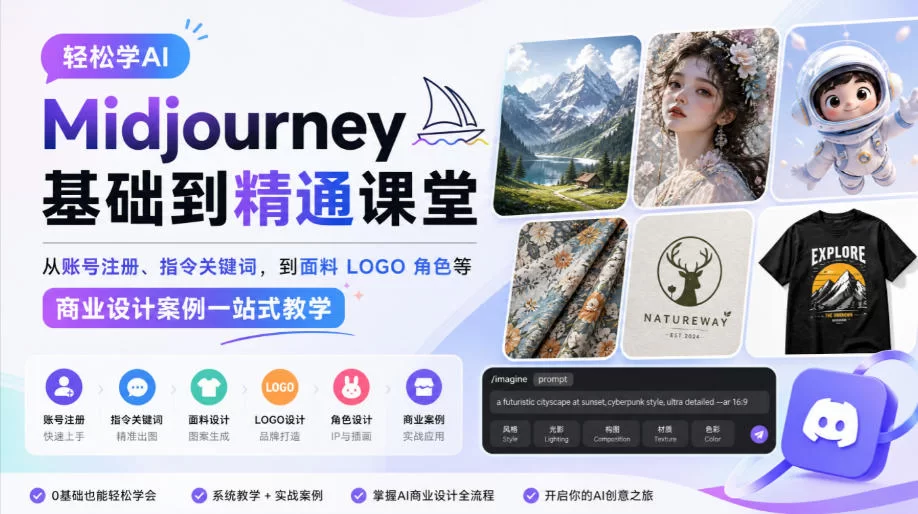 轻松学AI Midjourney基础到精通课堂，从账号注册、指令关键词，到面料LOGO角色等商业设计案例一站式教学-小二项目网