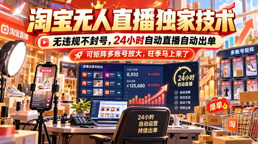 淘宝无人直播独家技术，无违规不封号，24小时自动直播自动出单，可矩阵多账号放大，旺季马上来了【揭秘】-小二项目网