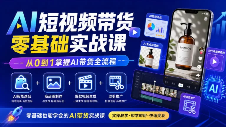AI短视频带货零基础实战课｜AI智能选品+商品图制作+爆款视频生成+混剪推广，从0到1掌握AI带货全流程-小二项目网