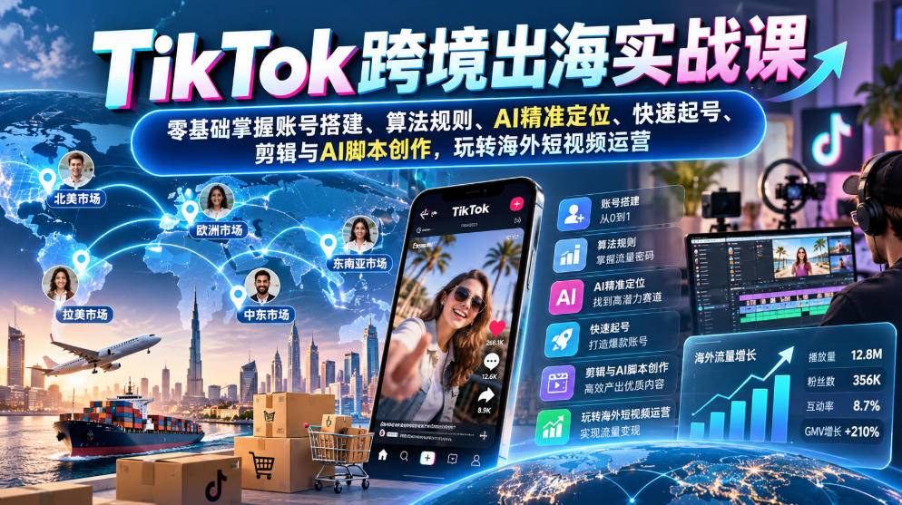 TikTok跨境出海实战课：零基础掌握账号搭建、算法规则、AI精准定位、快速起号、剪辑与AI脚本创作，玩转海外短视频运营-小二项目网