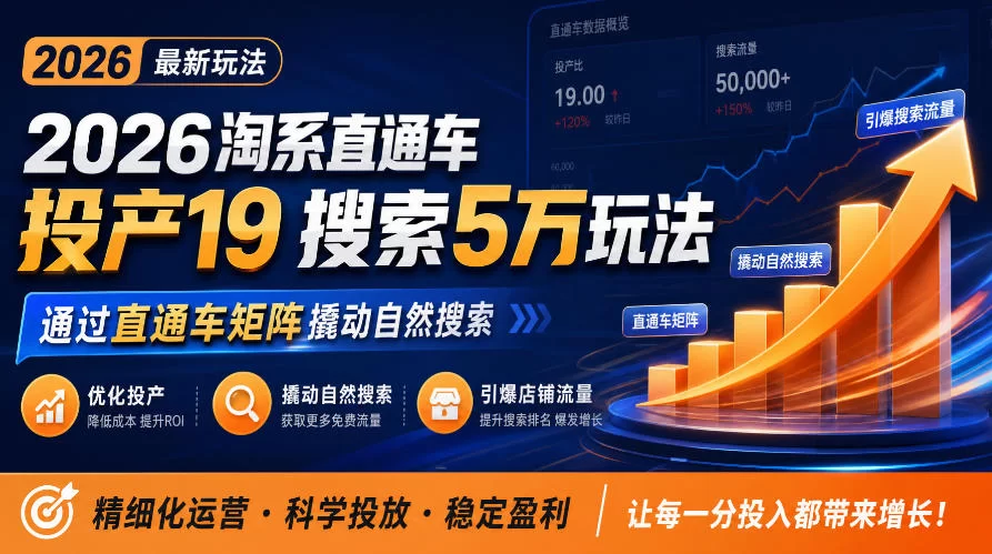 2026淘系直通车投产19搜索5万玩法，通过直通车矩阵撬动自然搜索，帮助商家优化投产，引爆店铺搜索流量-小二项目网